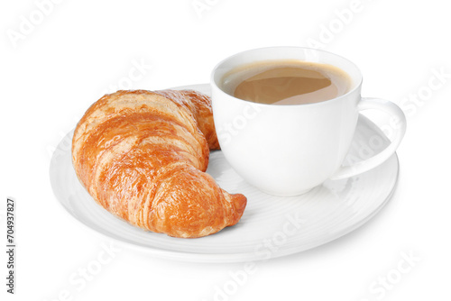 Delicious fresh croissant and cup of coffee isolated on white