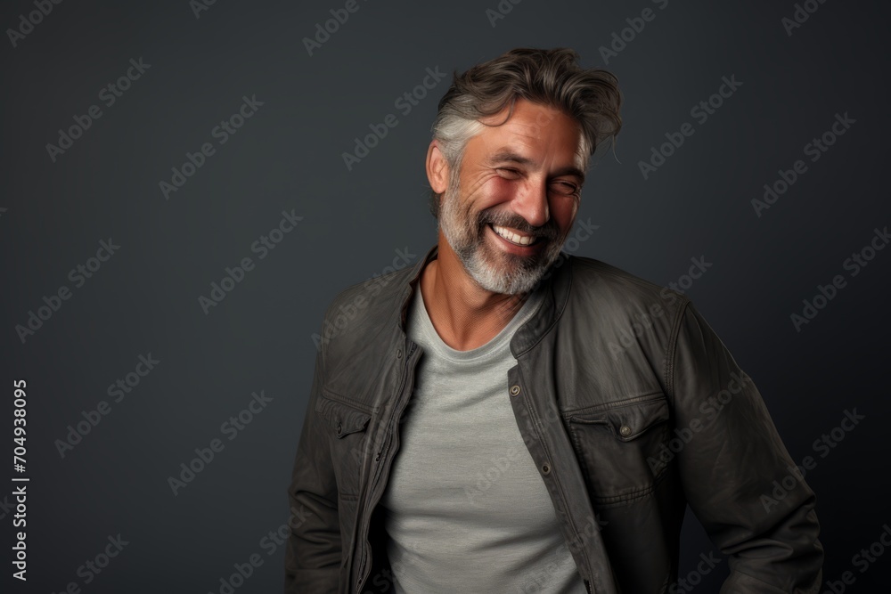 Handsome middle-aged man with grey hair and beard in casual clothes posing in studio.