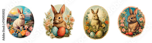 Set of vintage antique style Easter holiday greetings with cute bunnies and and Easter eggs, stickers isolated on transparent background, png file photo