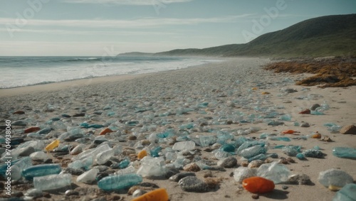  the beach near the ocean is littered with plastic garbage, an environmental crisis
