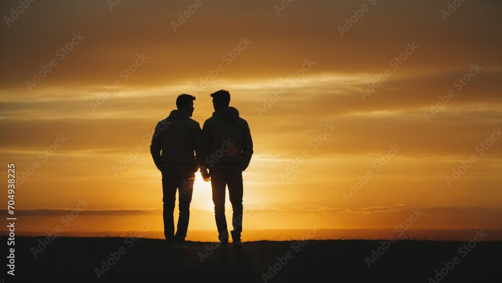 a gay couple of guys in love on the background of the sunset