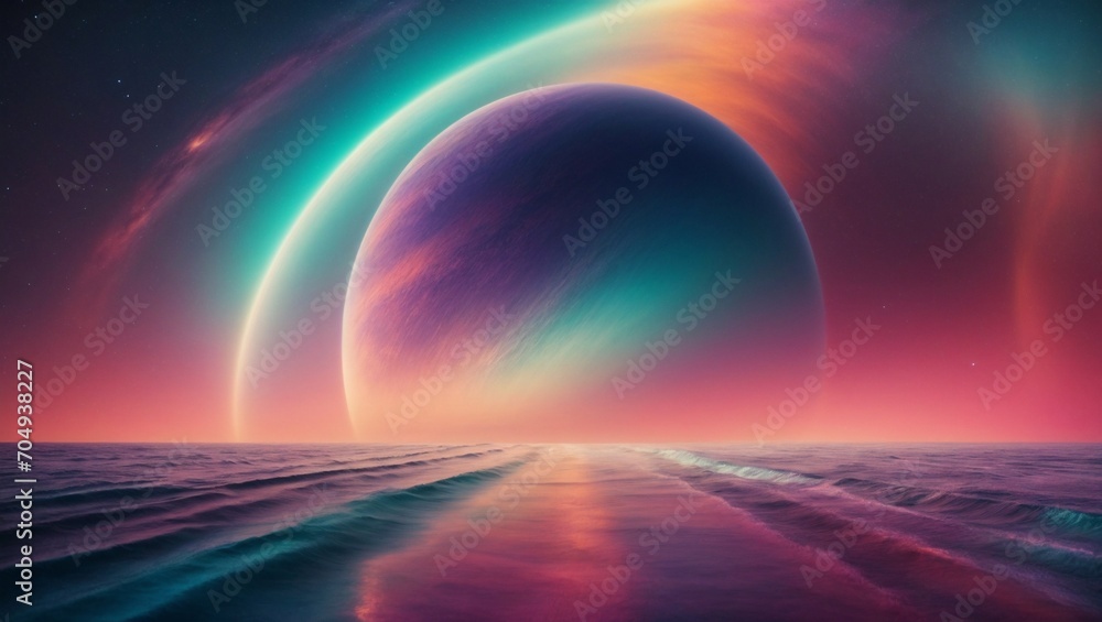 neon space, planets, fantastic landscape