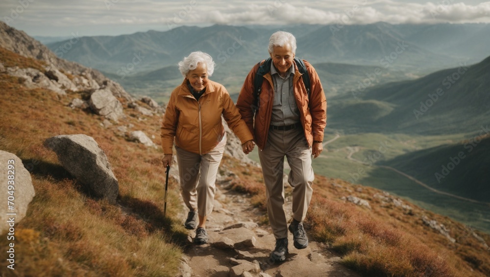 an elderly couple climbs the mountains
