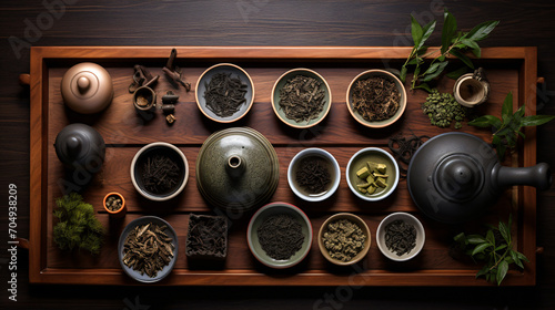 A flat lay of a tea connoisseurs collection with assorted tea leaves teapots cups and a bamboo mat on a traditional tea ceremony table.