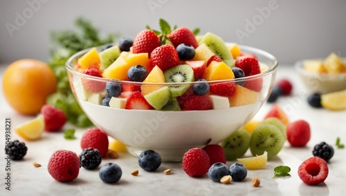 fruit salad with yogurt in a glass bowl