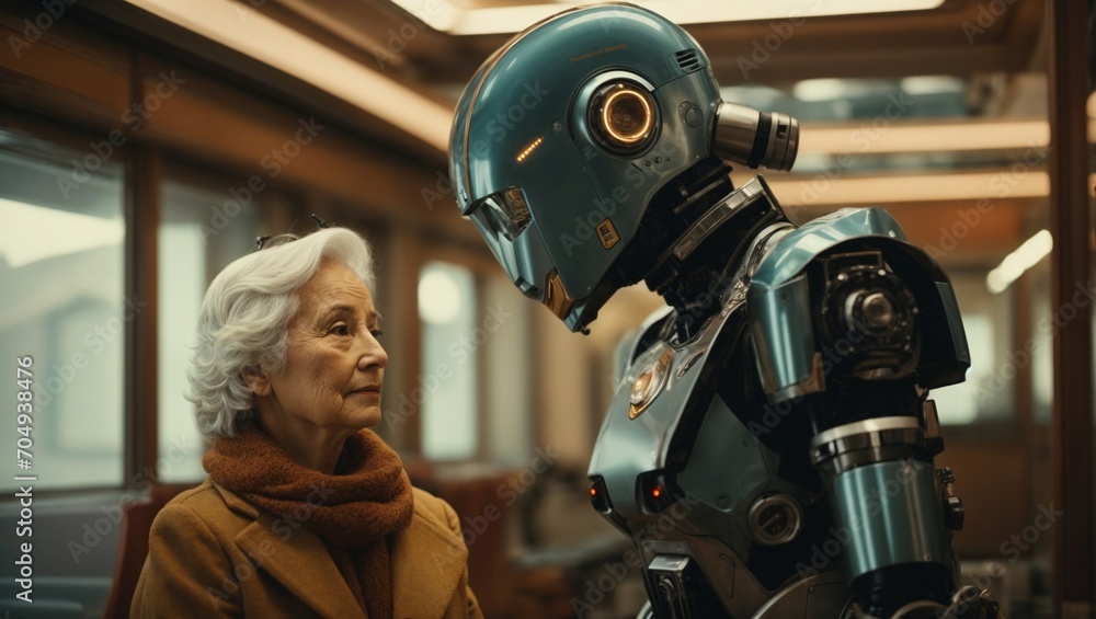 a retro-style android technological robot is talking to an old woman a retro-style android technological robot is talking to an old woman