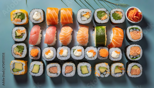 overhead view of a tantalizing assortment of in-and-out sushi rolls 