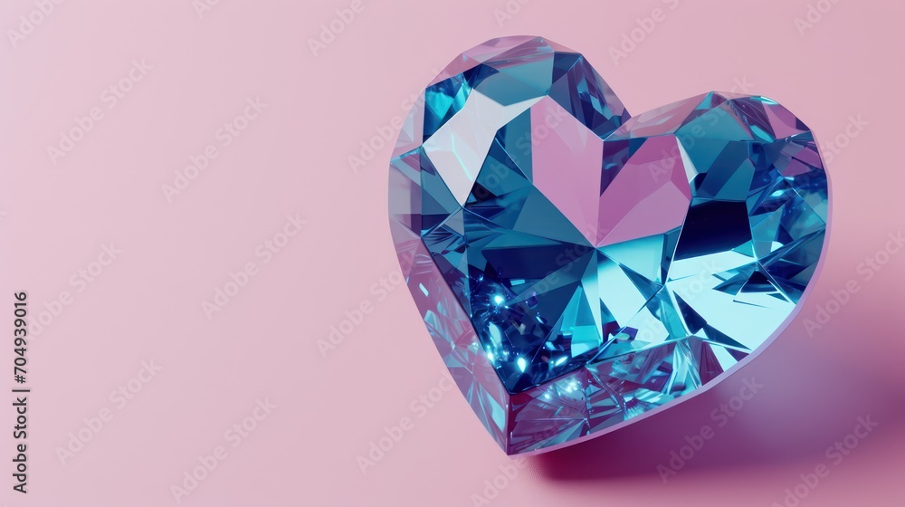 Heart shaped dazzling diamond blue gemstones on pink background. 3D blue diamond heart-shaped shape