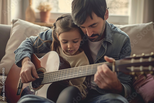 Teaching a child to play guitar, guitar training.