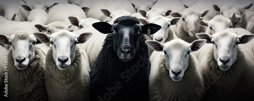 Black head of sheep between white sheeps.