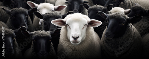 Black head of sheep between white sheeps. photo