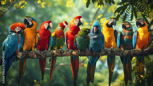 Colorful exotic birds perched in the trees of Eden, perfect for birdwatching guides, nature-themed educational content, or vibrant home decorations