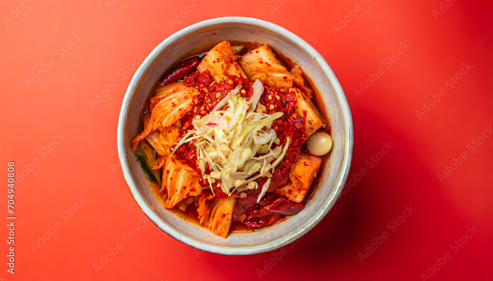 overhead view of a single bowl filled with vibrant and flavorful kimchi salad