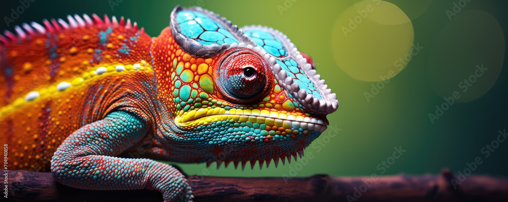 Chameleon in various colors. Colorful lizard detail. - obrazy, fototapety, plakaty 