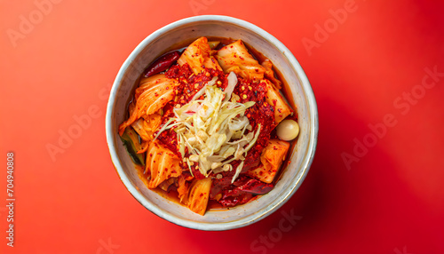 overhead view of a single bowl filled with vibrant and flavorful kimchi salad