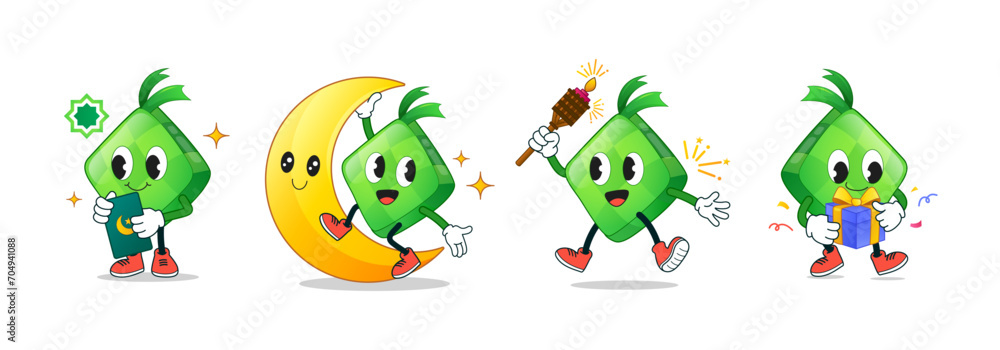 Obraz premium Ramadan hand drawn cute retro vintage ketupat character with green packet, crescent moon, pelita oil lamp and gift on white background. Holiday festive cartoon character set. Vector illustration.