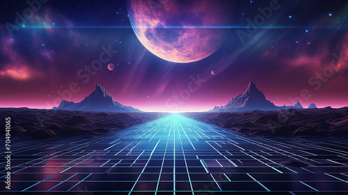 retro sci fi background futuristic landscape of the 80s. Digital Cyber Surface. photo