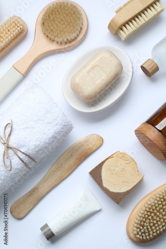 Bath accessories. Flat lay composition with personal care products on white background