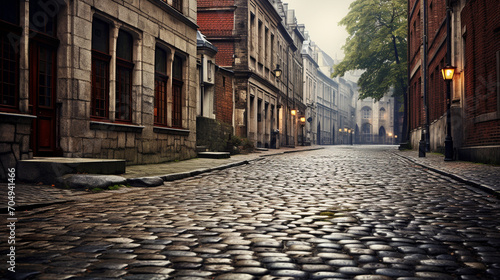 Historic Cobblestone Street View An old-world background featuring a historic cobblestone street, ideal for cultural websites, historical fiction book covers, or travel photography blogs photo
