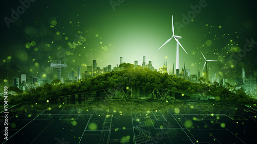 Green Energy and Technology Concept A background combining green energy symbols with tech elements, symbolizing sustainable technology Suitable for eco-friendly tech ads, green energy photo