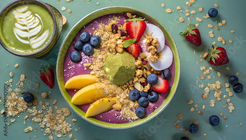 overhead view of a vibrant acai bowl topped with granola and fresh fruit