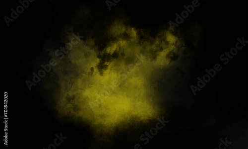 Yellow powder explosion on black background. Colored powder cloud. Colorful dust explode. Paint Holi. Colorful smoke close-up on a black background. Yellow cloud of smoke.