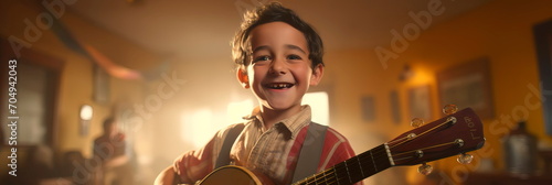 child smiling with a guitar in his hands, playing the guitar . Generative AI