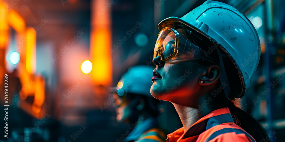workers wearing hard hats and protective gear in construction and manufacturing. Generative ai