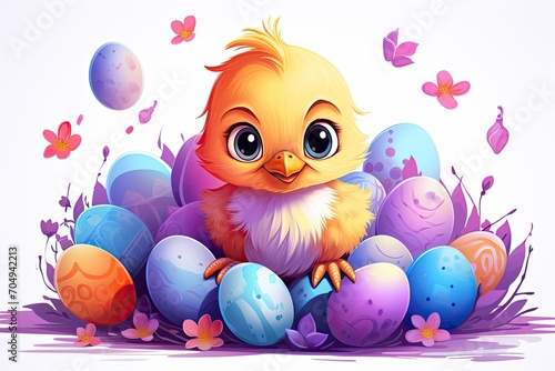 cute easter chick and colorful eggs holiday design illustration