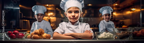 Children in professional kitchens, dressed as chefs, learning culinary arts. Generative AI photo