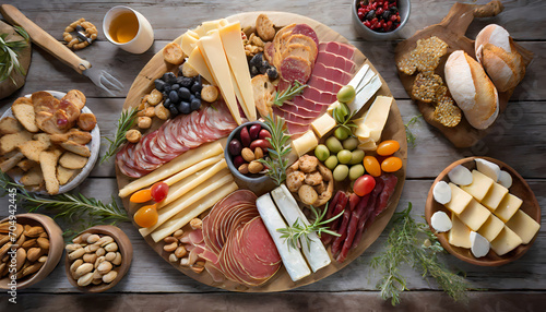 overhead view of an elegantly arranged charcuterie board