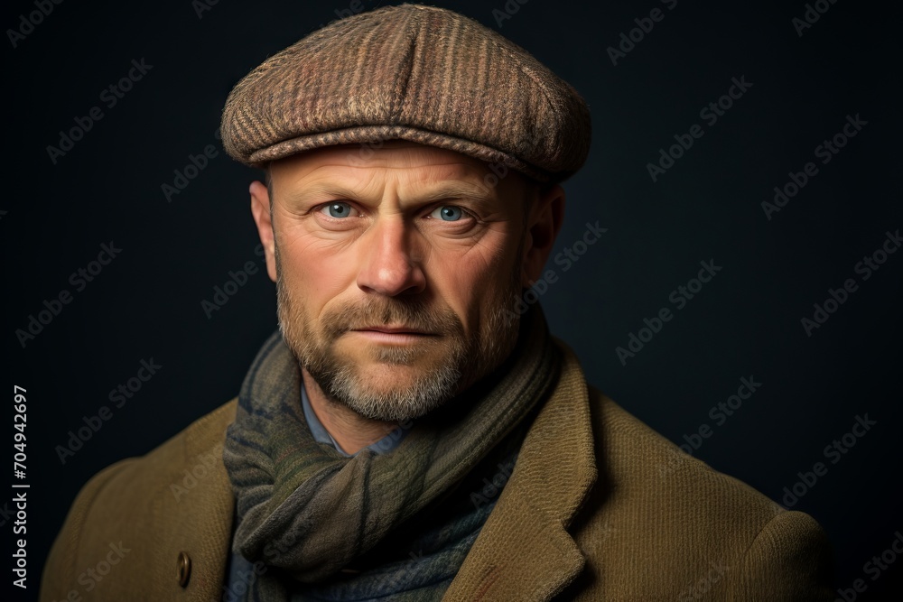 Portrait of a senior man in a hat and scarf. Studio shot. Portrait of a senior man in a hat and scarf. Studio shot.