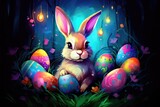 cute easter bunny and colorful eggs holiday design illustration