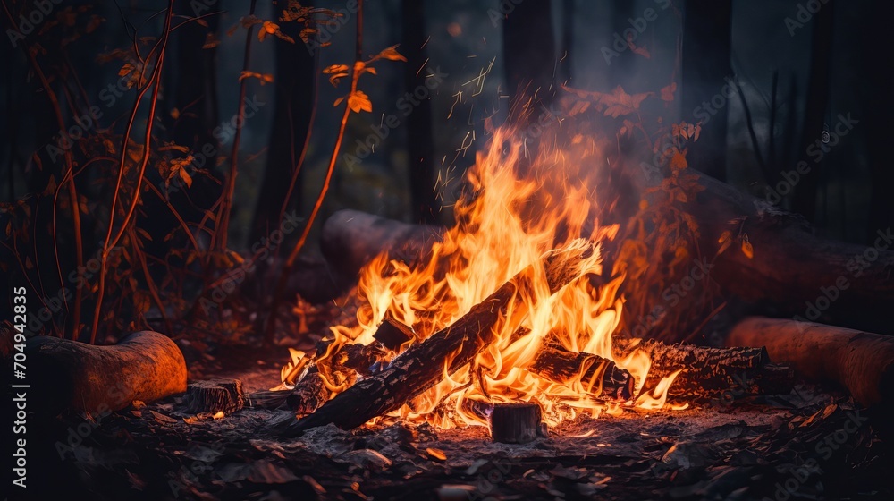 A bonfire in a woodland during a dark night with blurry background, surrounded by orange flames from burning wood and bricks. A bonfire in a woodland during a dark night with blurry background, surrounded by orange flames from burning wood and bricks.