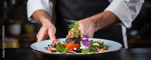 Chef hands prepares healthy food on wite plate.