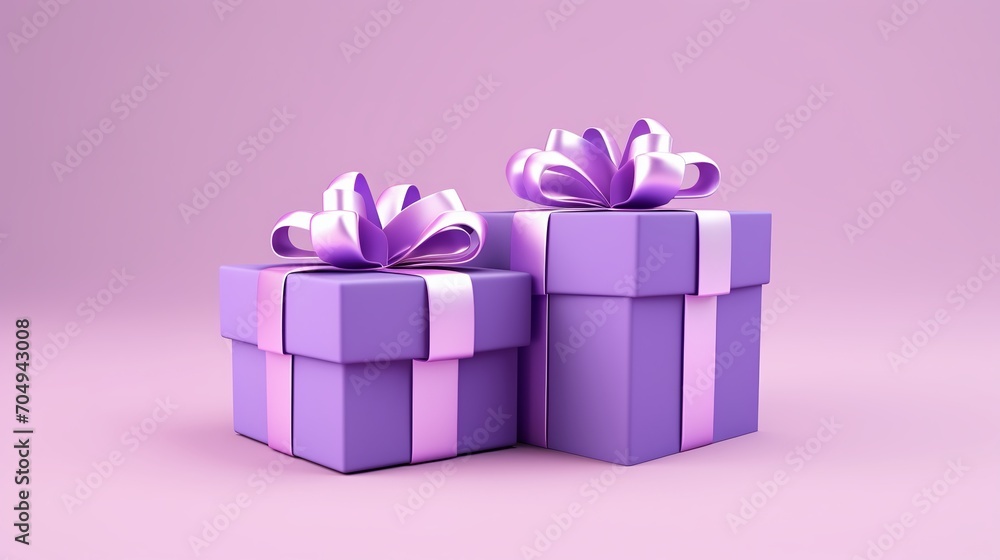 Two purple present boxes with ribbons and bows, isolated on a purple background, is depicted in this 3D picture. Two purple present boxes with ribbons and bows, isolated on a purple background, is depicted in this 3D picture.