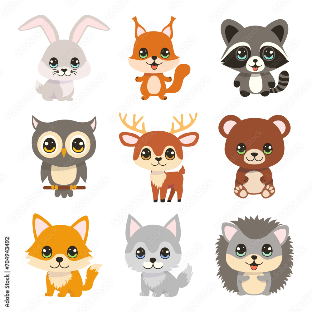 Set of cartoon cute forest animals