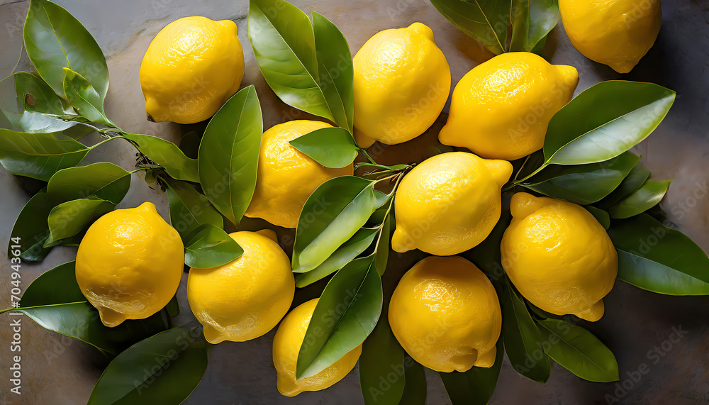 overhead view of fresh Sicilian lemons with vibrant green leaves 