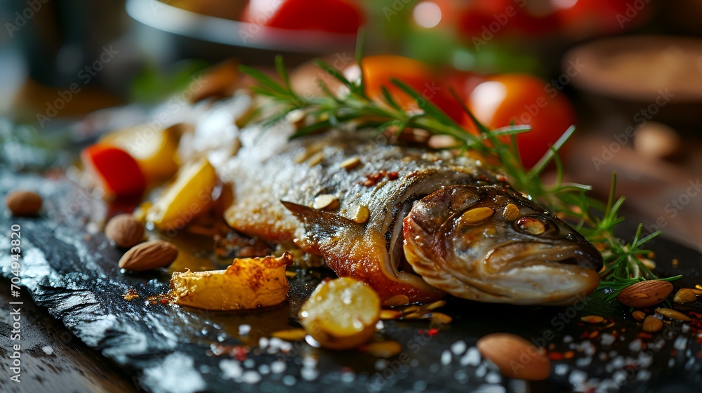 Grilled fish with vegetables and spices on a black slate plate. Grilled fish with vegetables and spices on a black slate plate.