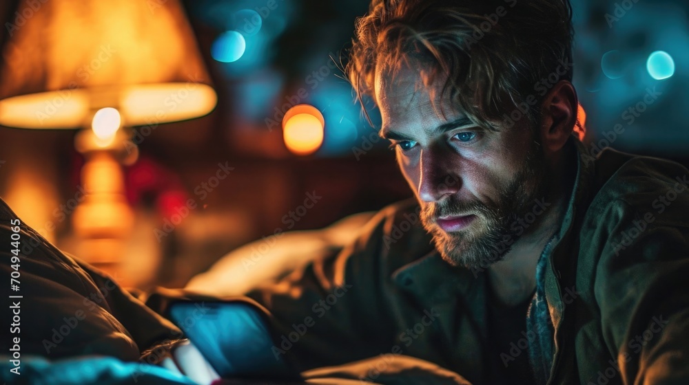 Obraz premium photograph of a sleep-deprived person in white pijame staring at their phone, bright screen illuminating a dark room