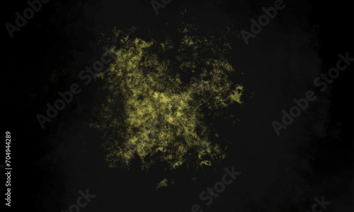 Yellow powder explosion on black background. Colored powder cloud. Colorful dust explode. Paint Holi. Colorful smoke close-up on a black background. Yellow cloud of smoke.