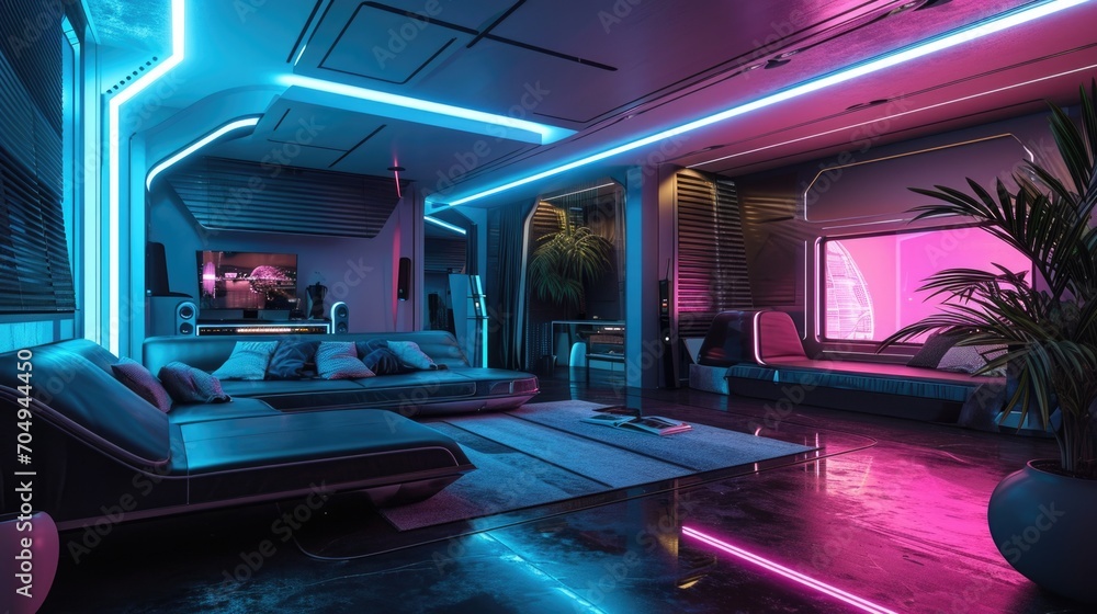 A room with an advanced and futuristic design. An elegant and pop neon room