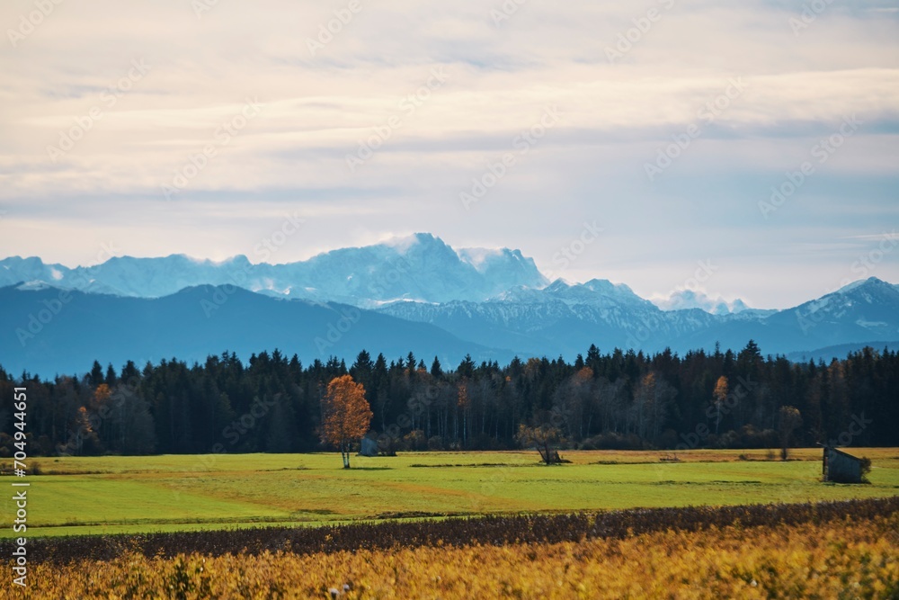 beautiful autumn view of Zugspitze, Germany's highest mountain from Raisting, Bavaria
