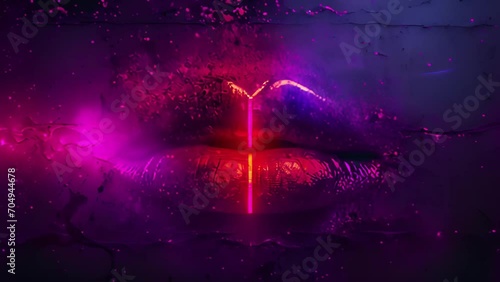 Lips kiss in neon UV lights. Beauty sexy lips close-up, disco. Woman mouth closeup. Metallic lipstick. Purple and blue ultraviolet lights. Slow motion 4K UHD video. Pink Neon hearts Valentine. Happy V photo