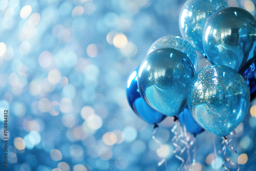 Celebration background with blue balloons and glitter, perfect for baby boy's birthday or welcoming party, with plenty of space for messages or event details. - obrazy, fototapety, plakaty 