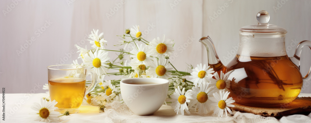 Chamomile flower tea on wooden table with textile and camomile flowers bouquet.
