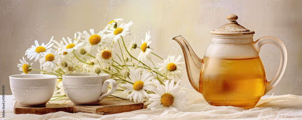 Chamomile flower tea on wooden table with textile and camomile flowers bouquet. Chamomile flower tea on wooden table with textile and camomile flowers bouquet.