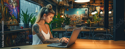 Young attractive woman with tattoo working on laptop in coffee bar.