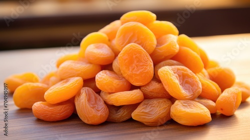 A pile of dried apricots lies on a wooden table
