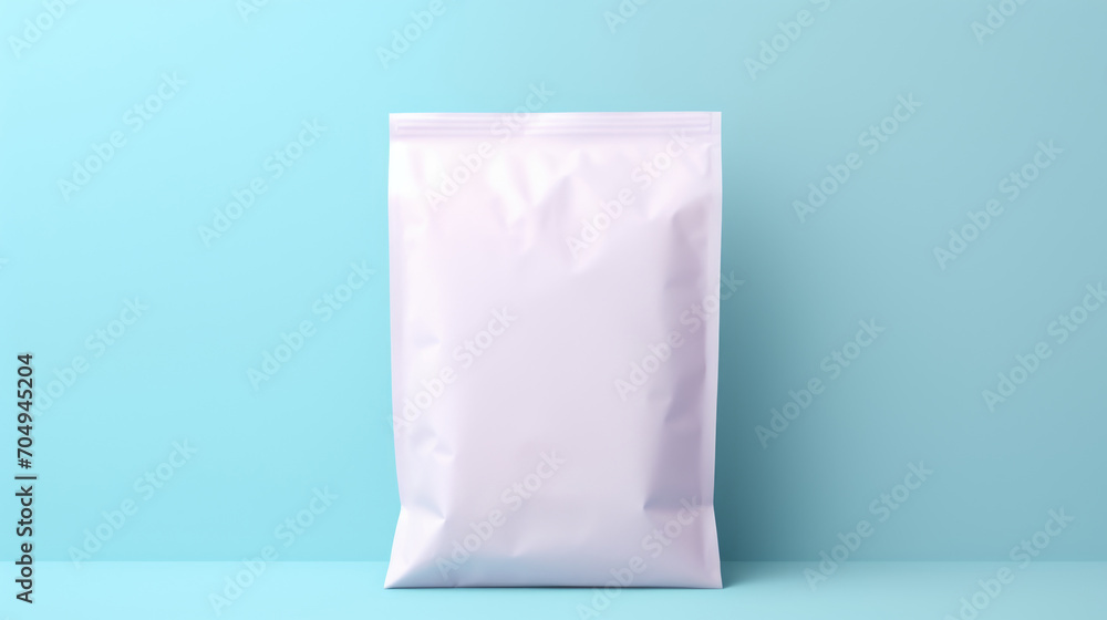 A mock-up of an empty white paper bag with a zipper, highlighted on a blue background